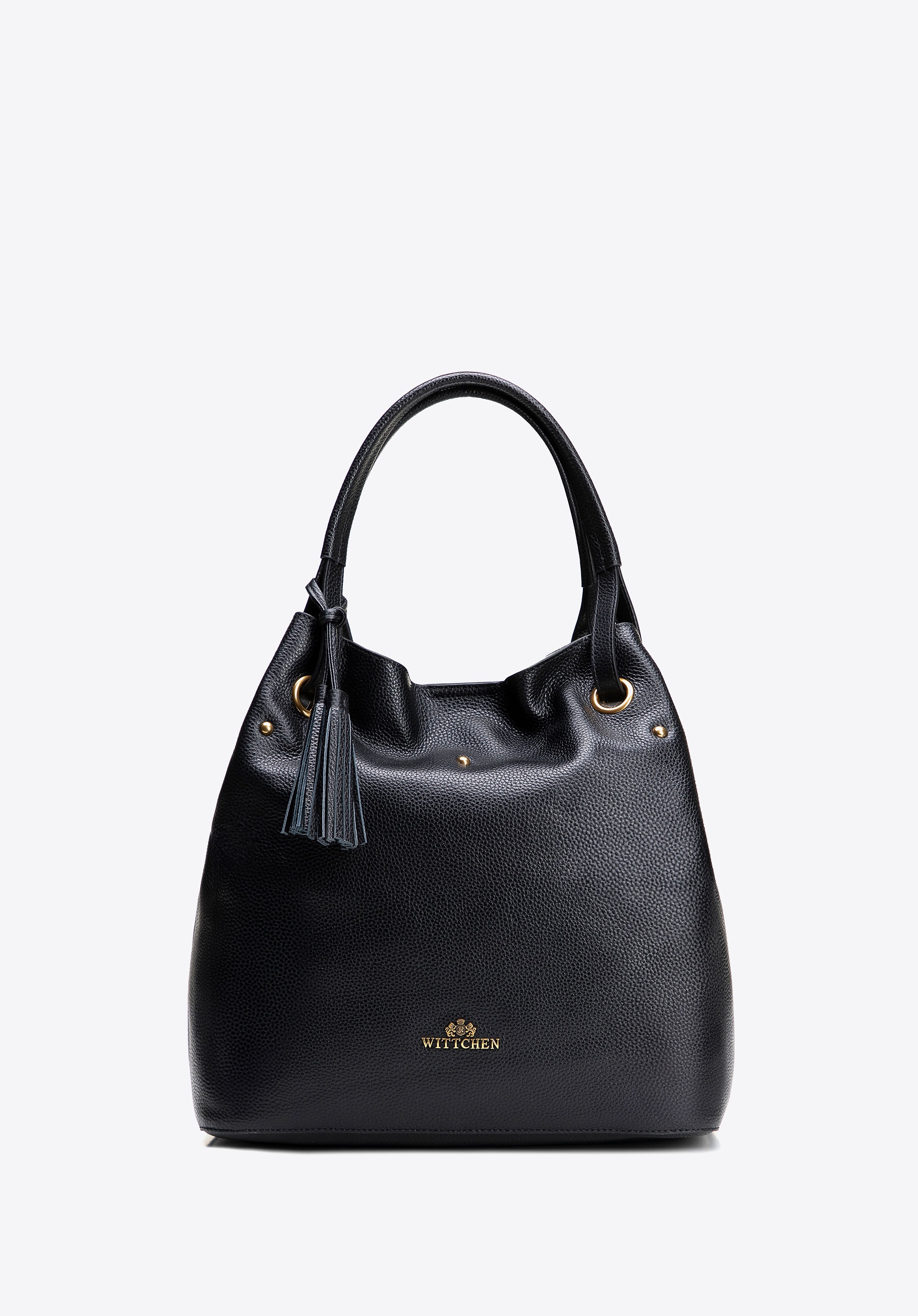 Damska torebka typu worek ze skóry duża czarno - złota