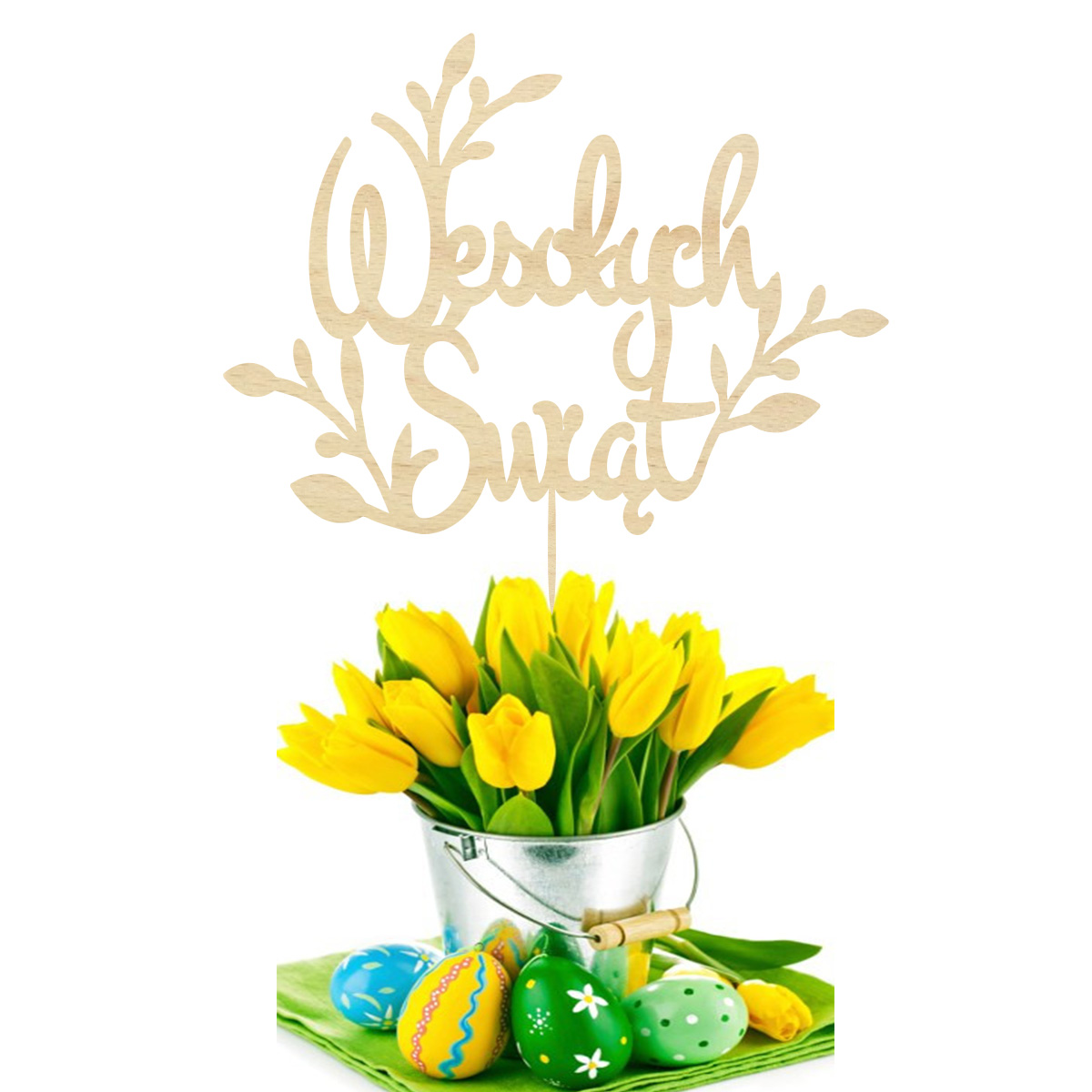 Topper dekoracja wielkanocna Wesołych Świąt na bok pik do babeczki prezentu lub bukietu drewno