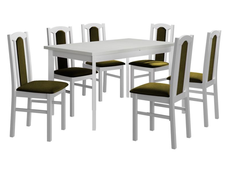 Zestaw DR08 MIRJAN 24 Stół rozkładany Modena I P 80x140/180 + 6 krzeseł Bos 7 biały + ciemnozielona tapicerka 1 kpl.