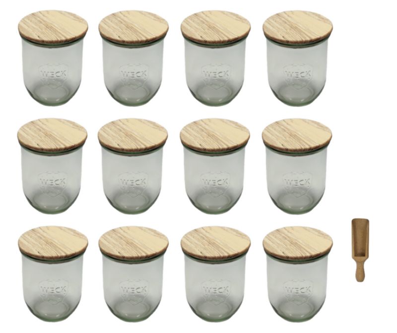 Słoiki MODO24 Weck 1062 ml fi 100 tulip drewniane wieka miarka 12 kpl.