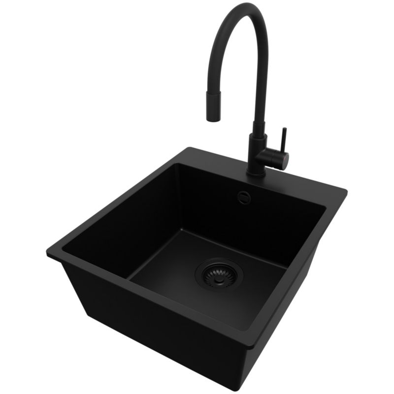 Zlewozmywak Granitowy Ryga PRIMAGRAN Nablatowy 43x50cm do szafki od 45cm, Cały Czarny + Bateria 40x38cm + Syfon, S152, 1 szt.