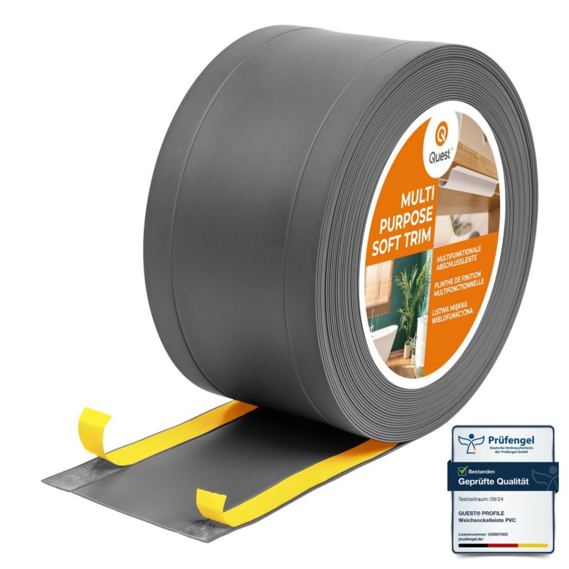 Listwa wykończeniowa W1 z PCV 6w1 95mm, QUEST samoprzylepna, maskująca elastyczna listwa podłogowa, ścienna, ciemnoszary, 10m