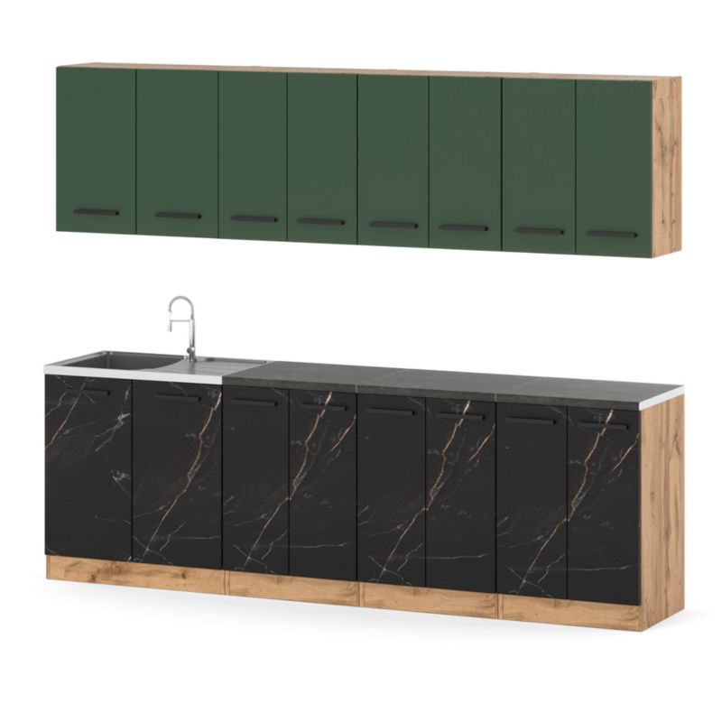 Zestaw Kuchenny Hurtownia-Mebli Z Blatem Kuchnia Vero 260cm Dąb Wotan Butelkowa Zieleń/San Sebastian 260x47x145 cm 1szt.