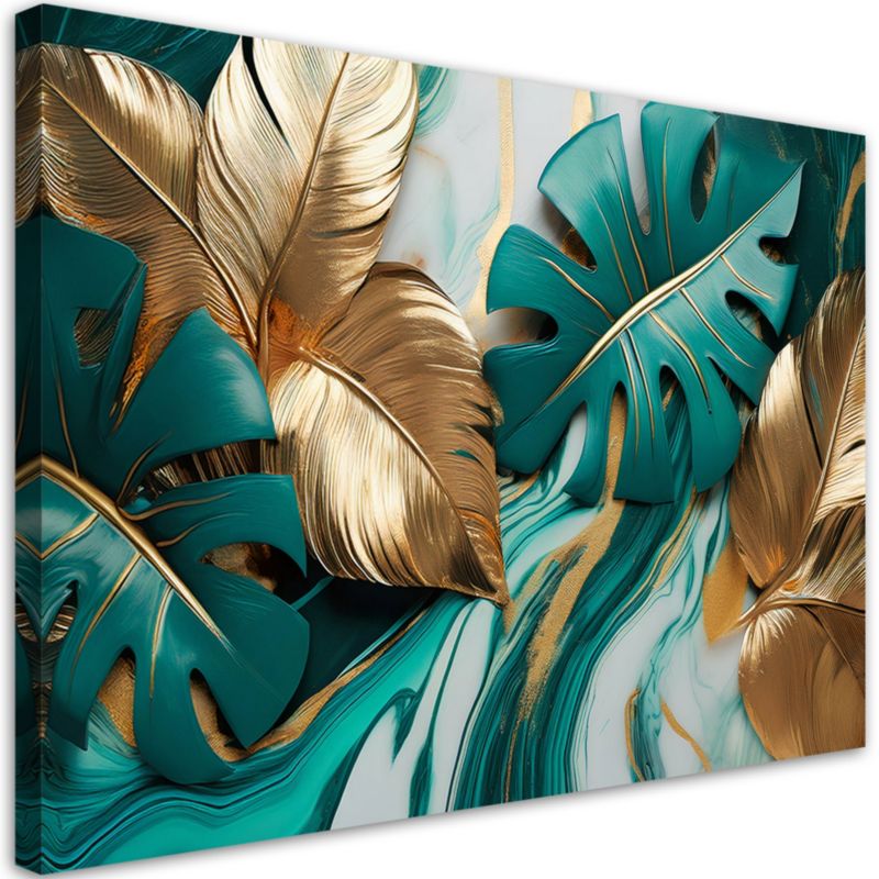 Obraz na płótnie Feeby Liście Monstery Złoty Turkusowy Marmur 90x60cm 1szt