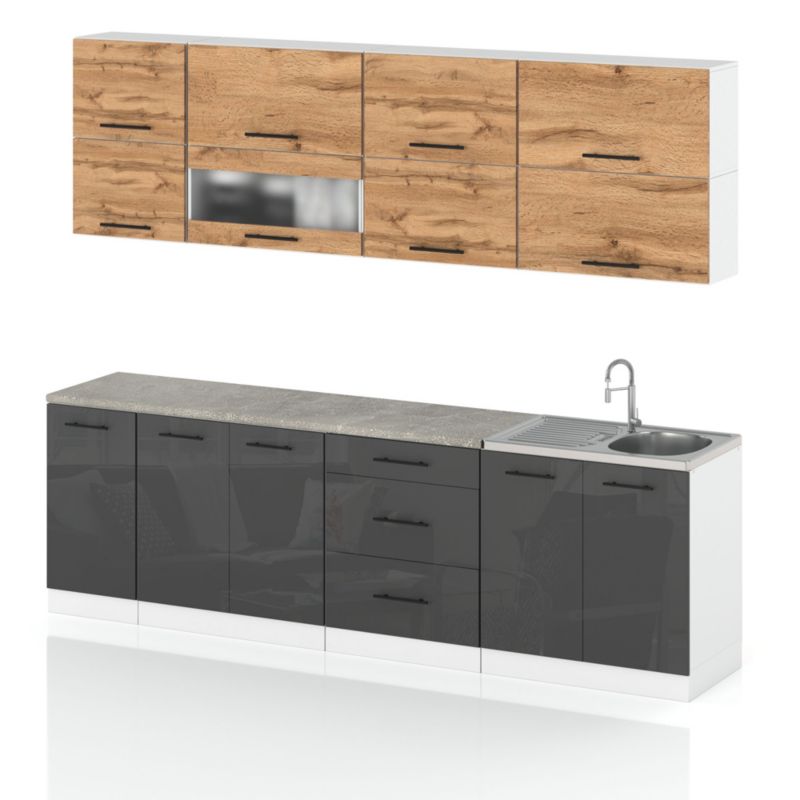 Zestaw Kuchenny Hurtownia-Mebli Z Blatem Kuchnia Robo Lux 260cm Biały Mat Dąb Wotan/Szary Połysk 260x52x157 cm 1szt.