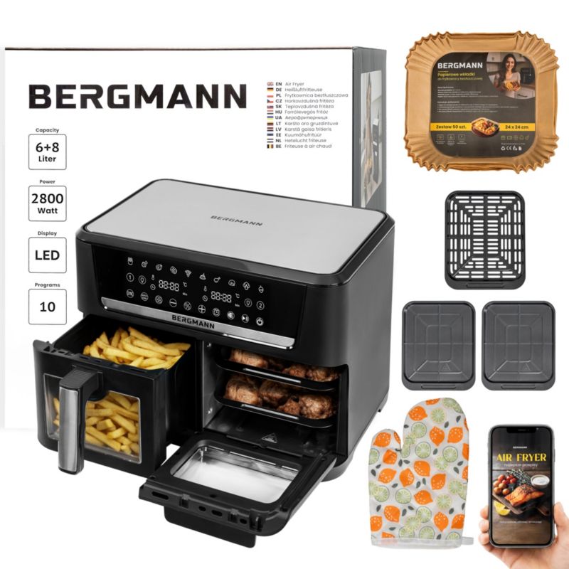 Frytkownica BERGMANN YO beztłuszczowa airfryer frytownica 2 komory poziome 6l+8l 2800W 10 programów 1szt.