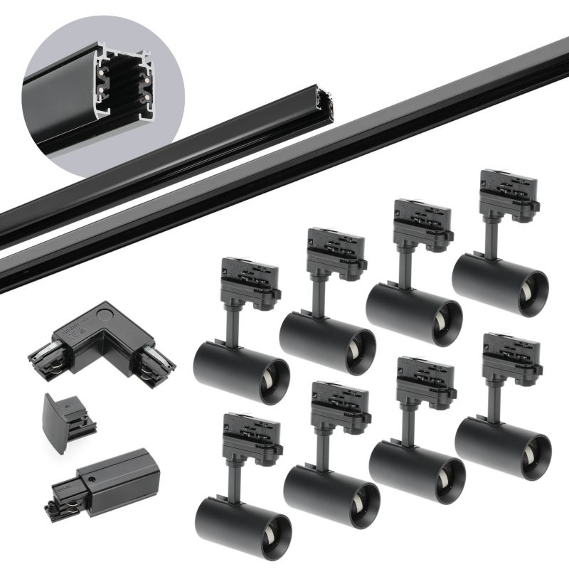 Oświetlenie szynowe 3-fazowe Kobi szyna 1m+2m, 8x Lampa, łącznik L czarny 1kpl.