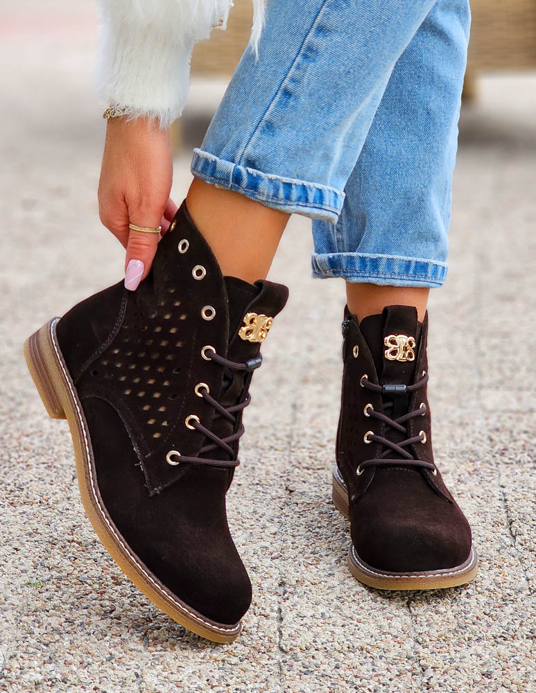 Czekoladowe Skórzane Botki Sznurowane Savas