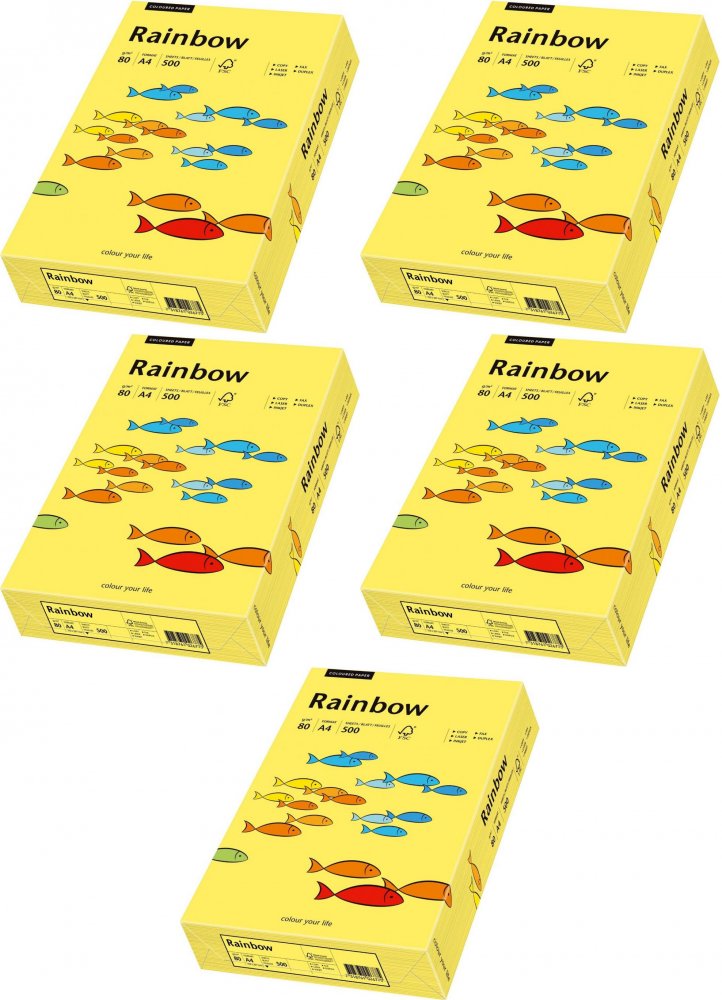 5x Papier kolorowy Rainbow, A4, 80g/m2, 500 arkuszy, żółty (R16)