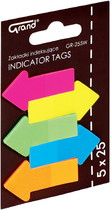 Zakładki samoprzylepne Grand GR-255W, strzałki, indeksujące, folia, 45x23mm, 5x25 sztuk, mix kolorów