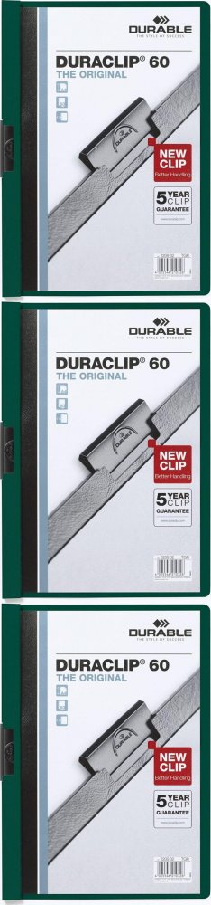 3x Skoroszyt plastikowy z klipsem Durable DuraClip, A4, do 60 kartek, zielony