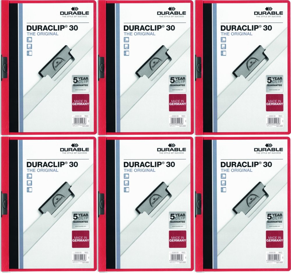 6x Skoroszyt plastikowy z klipsem Durable Duraclip, A4, do 30 kartek czerwony