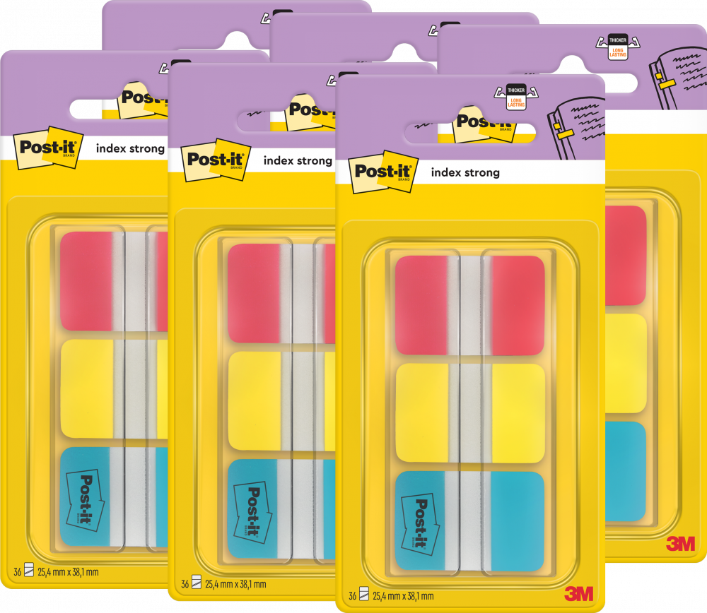 6x Zakładki samoprzylepne Post-it proste, indeksujące, silne, folia, 38x25mm, 3x22 sztuki z niebieskim