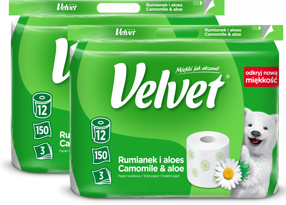 2x Papier toaletowy Velvet Rumianek i Aloes, 3-warstwowy, 12 rolek, biały