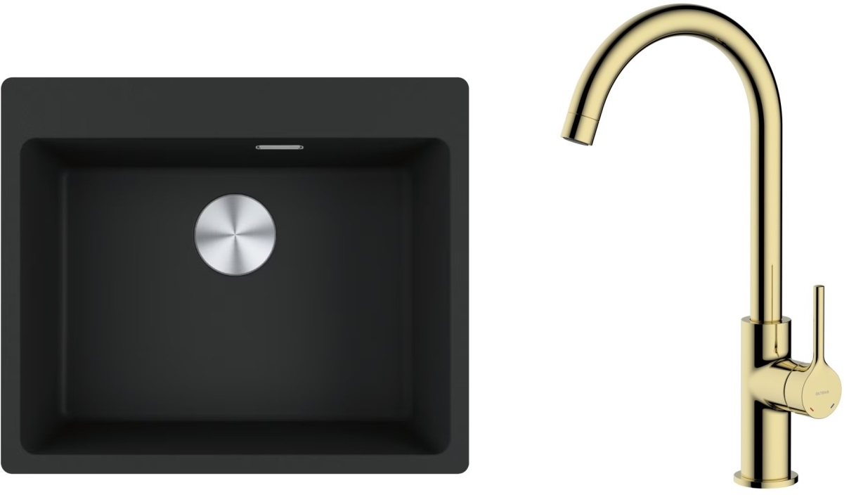 Zestaw Franke Maris MRG 610-54 FTL zlewozmywak 59x50 cm z baterią kuchenną Oltens Skafta czarny mat/złoty połysk (1140661794, 35206800)