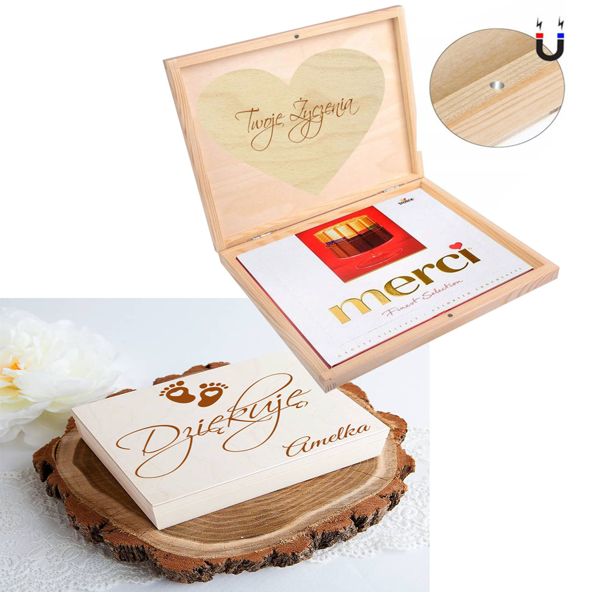 Pudełko na czekoladki Merci prezent podziękowanie dla chrzestnych roczek twój napis grawer