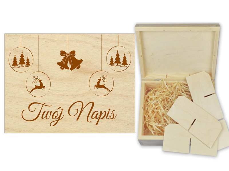 Drewniane pudełko, herbaciarka z grawerem i wełną drzewną, niezbędnik, pudełko na gumki, prezent na święta Bożego Narodzenia.