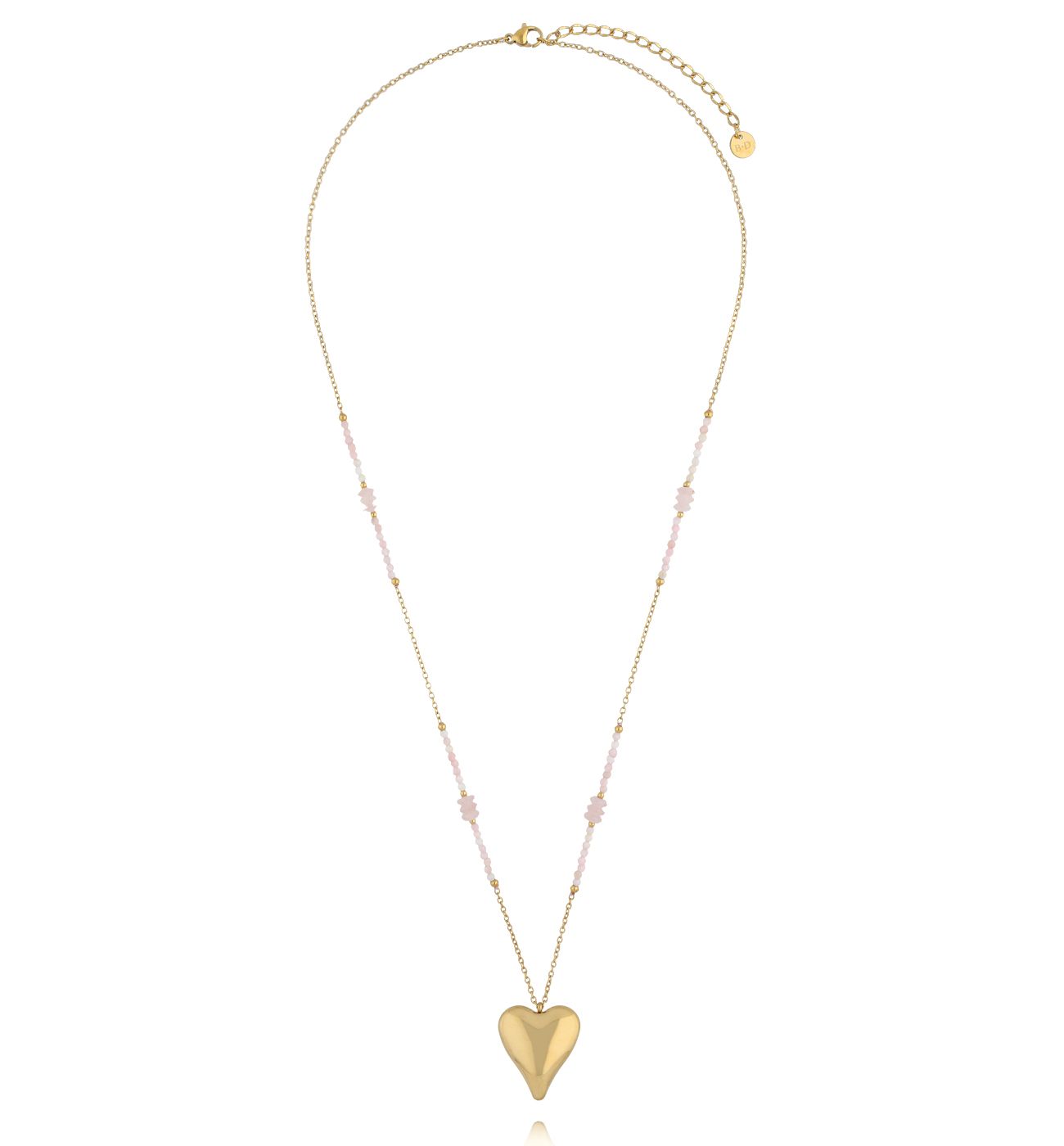 Naszyjnik z różowego kwarcu i różowego opalu z pozłacanym sercem - By Dziubeka