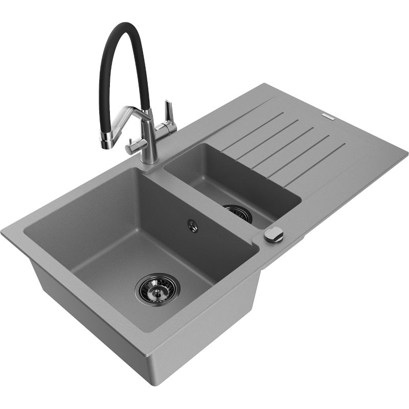 Zlewozmywak granitowy 1.5-komorowy Mexen Matias z ociekaczem i baterią kuchenną Duo szary 6502-71-671701-07-B