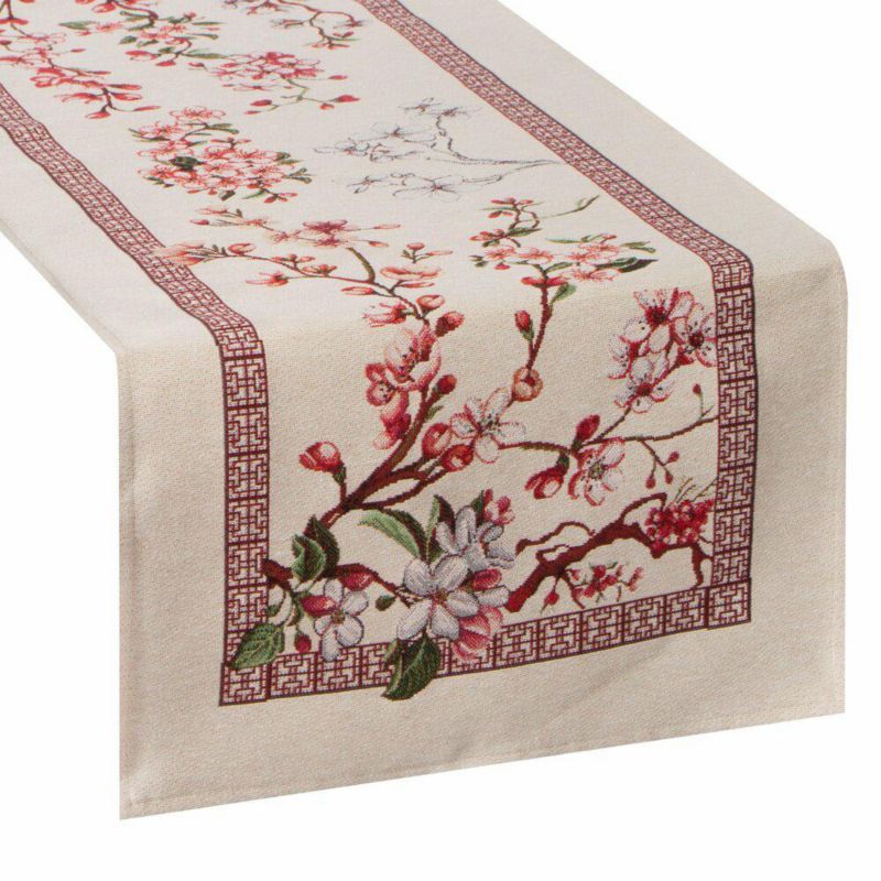 Bieżnik gobelinowy THAI/RÓŻ Eurofirany 40 x 100 cm kremowo różowy z motywem kwiatów wiśni 1 szt.