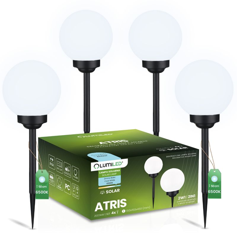 Lampa Solarna Lumiled Ogrodowa LED Wbijana Naziemna Biała Kula 15cm 4 szt.