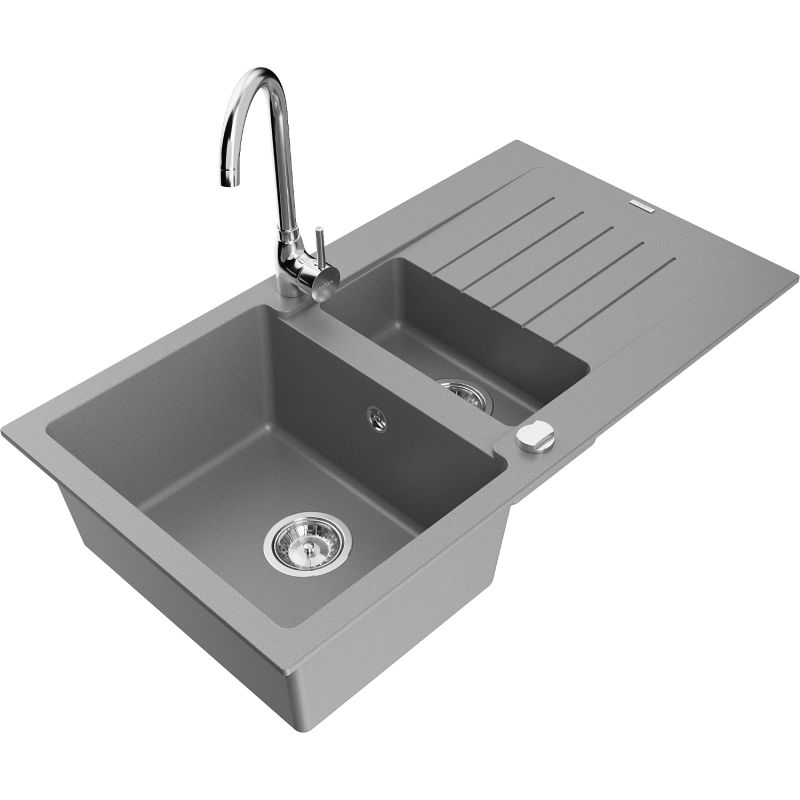 Zlewozmywak granitowy 1.5-komorowy Mexen Matias z ociekaczem i baterią kuchenną Telma szary 6502-71-670200-00