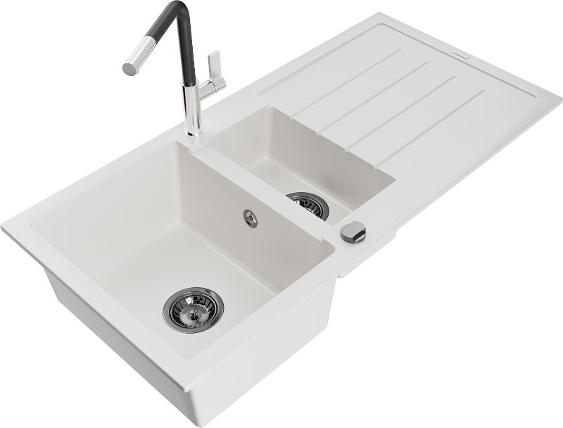 Zlewozmywak granitowy Mexen Andres 1,5-komorowy z ociekaczem i baterią kuchenną Flora biały 6515-20-670401-07-B