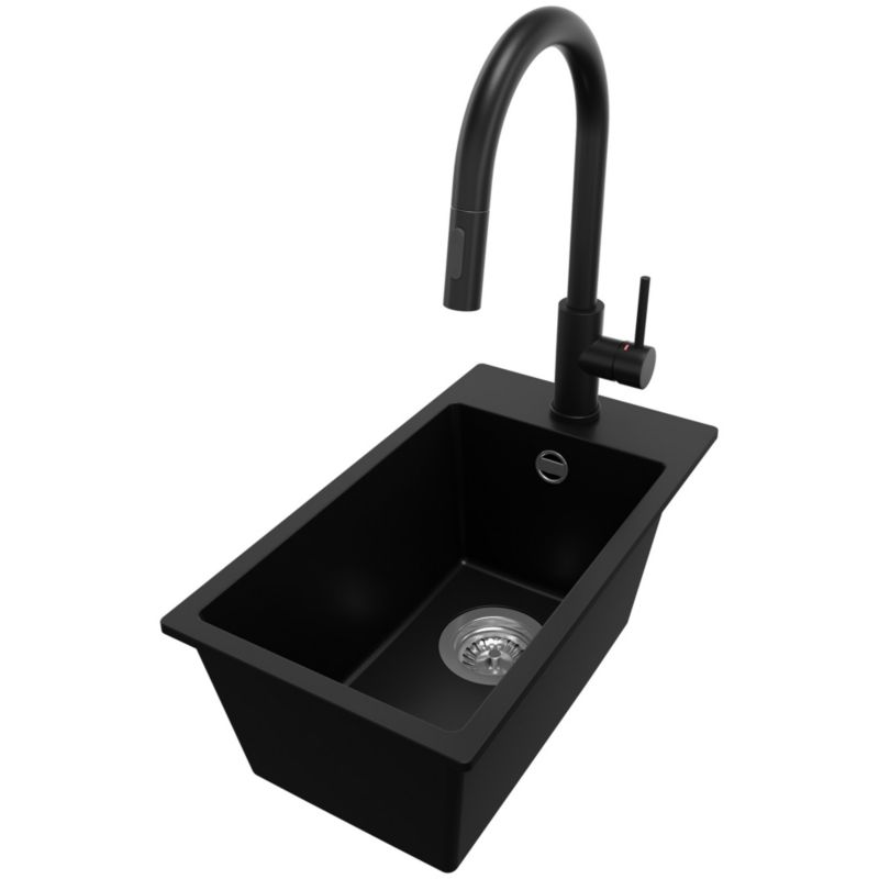 Zlewozmywak Granitowy Ryga PRIMAGRAN Nablatowy 28x50cm do szafki od 30cm, Czarny + Bateria 40x20cm + Syfon, S019, 1 szt.