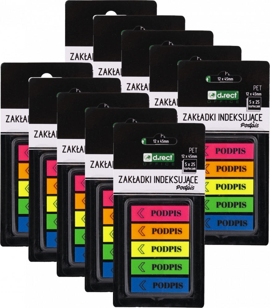 10x Zakładki samoprzylepne D.Rect, z nadrukiem "podpis", indeksujące, folia PET, 12x45mm, 5x25 sztuk, mix kolorów neonowych
