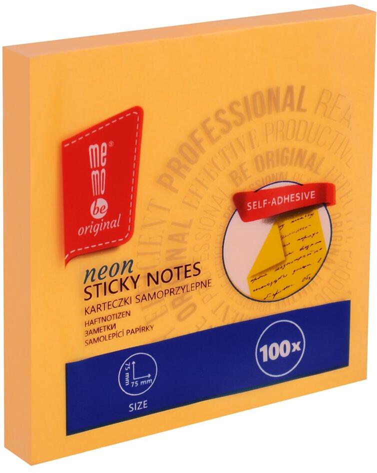Karteczki samoprzylepne MemoBe, 75x75mm, 100 karteczek, neonowy pomarańczowy