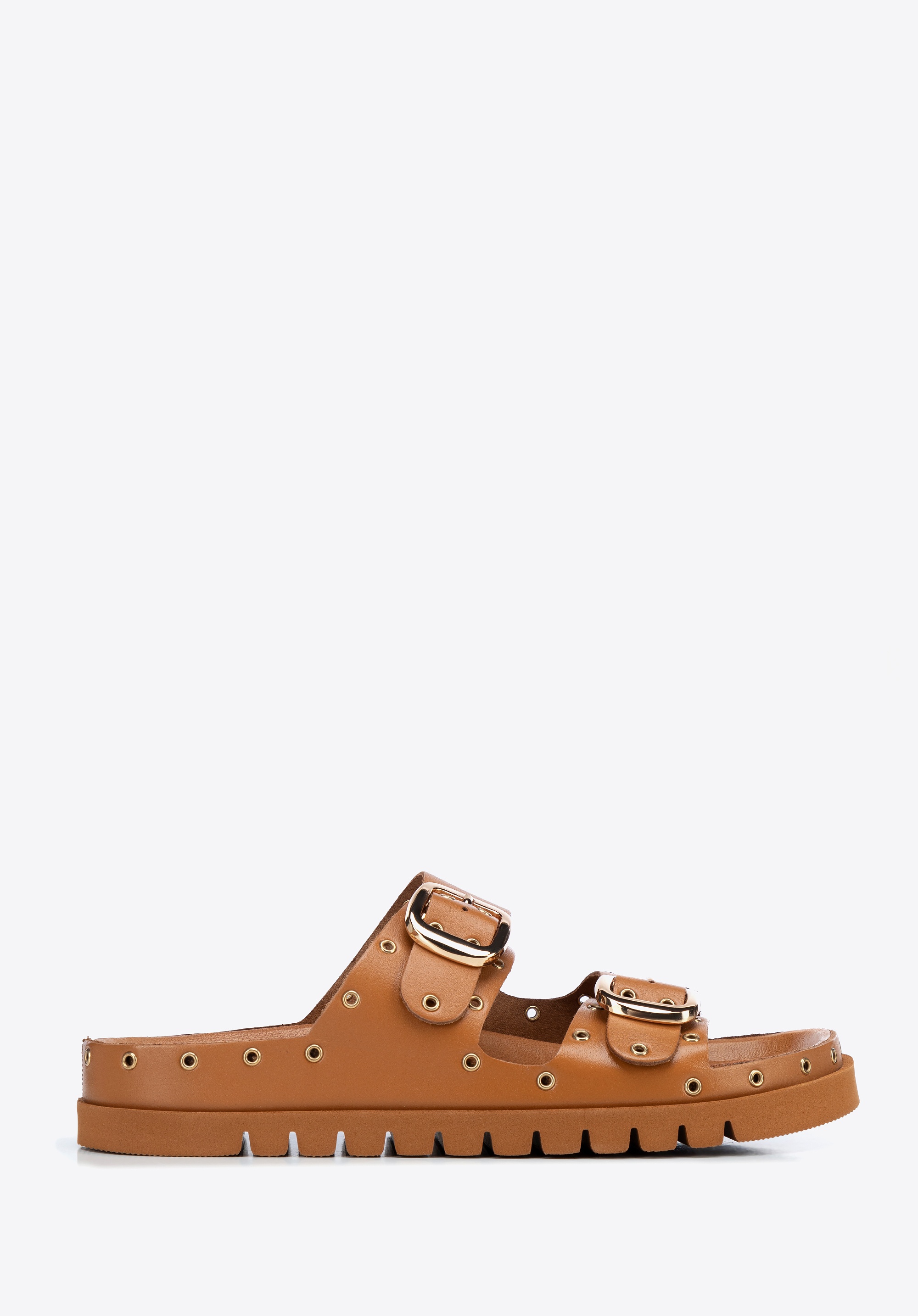 Damskie klapki ze skóry z metalowymi detalami brązowe