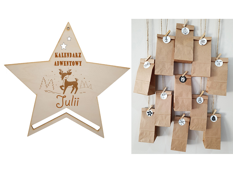 Kalendarz adwentowy z papieru kraft eko domki torebki gwiazdka grawer personalizacja IMIĘ