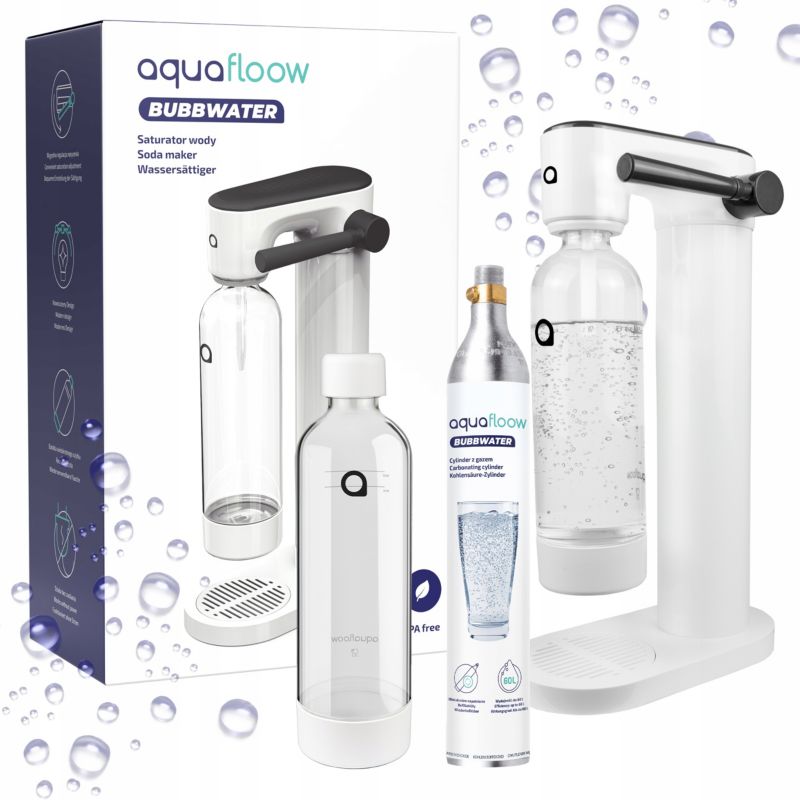 Saturator, AquaFloow, do gazowania wody, napojów gazowanych, zestaw z cylindrem CO2, butelką na wodę 0,8L, czarny, 3szt
