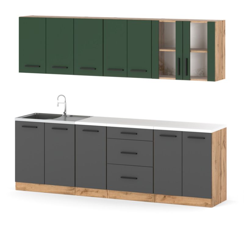 Zestaw Kuchenny Hurtownia-Mebli Z Blatem Kuchnia Remino 260cm Dąb Wotan Butelkowa Zieleń/Szary Mat 260x47x145 cm 1szt.