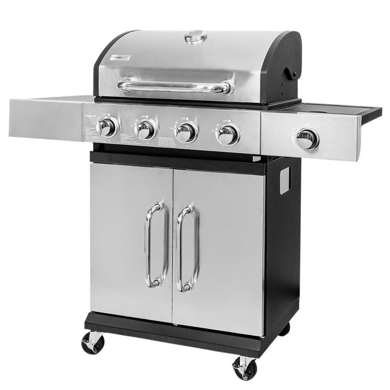 Grill Mega-M gazowy ogrodowy 4+1 ze stolikiem bocznym, pokrywą oraz drzwiami ze stali nierdzewnej srebrny 1szt.