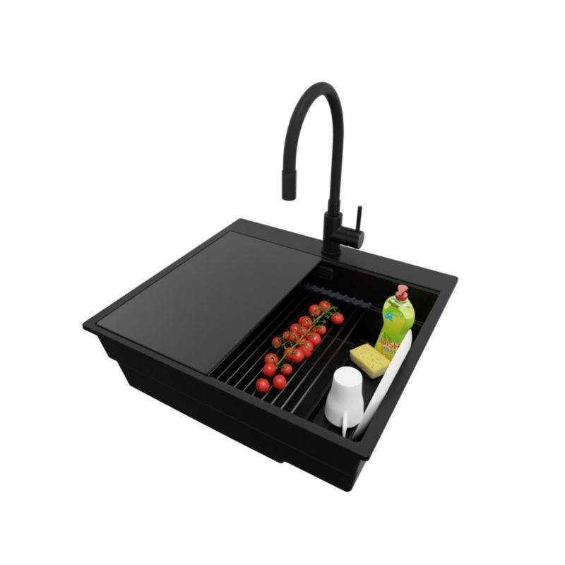 Zlewozmywak Granitowy Oslo Max PRIMAGRAN Nablatowy 58x53cm, Cały Czarny + Bateria + Syfon + Akcesorium, S060, 1 szt.