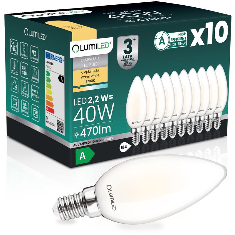 Żarówka LED Lumiled E14 Świeczka B35 2.2W 470lm 2700K 360st Filament Klasa A 10 szt.