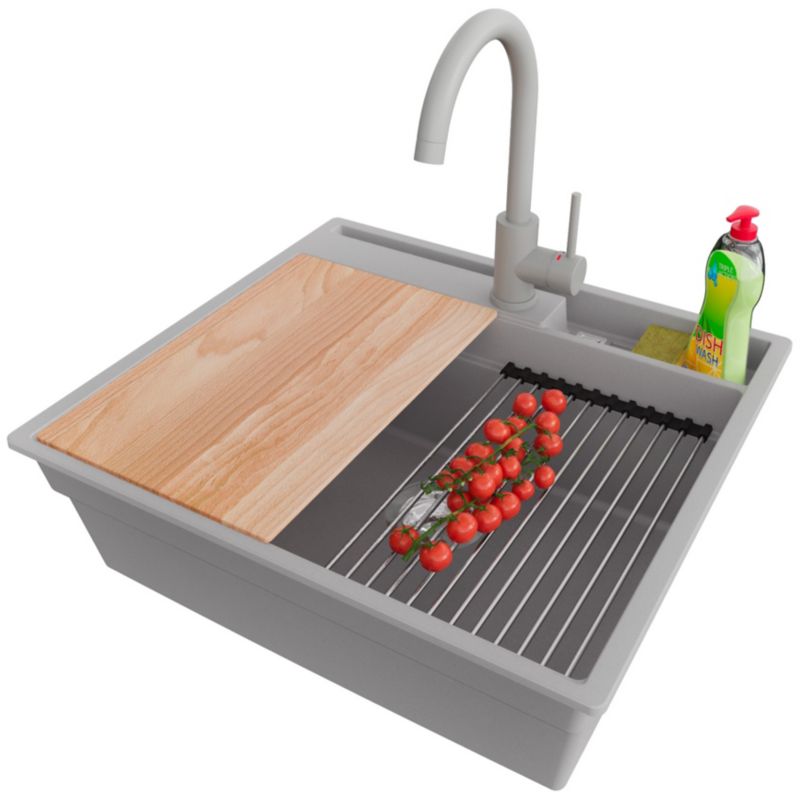 Zlewozmywak Granitowy Oslo Pocket PRIMAGRAN Nablatowy 58x53cm, Szary + Bateria + Syfon + Akcesorium, S283, 1 szt.