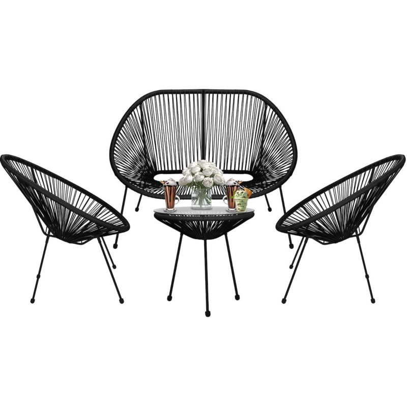 Meble ogrodowe rattanowe Springos stół ze szkłem hartowanym 2 fotele ażurowe, sofa czarne 1 kpl.