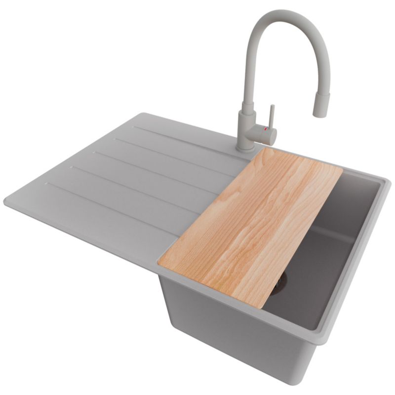 Zlewozmywak Granitowy Kopenhaga PRIMAGRAN Nablatowy 70x50cm do szafki od 40cm, Szary + Bateria + Syfon + Deska, S181, 1 szt.