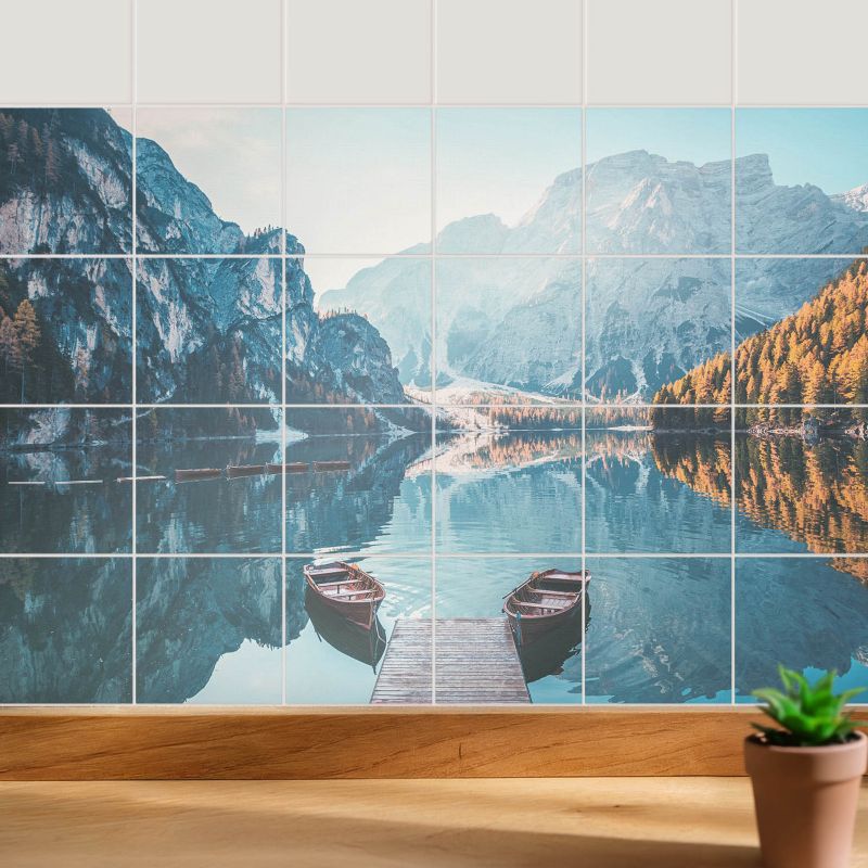 Samoprzylepna naklejka na kafle Wallfluent 10x10 cm Spokojne jezioro z górami wodoodporne 24 szt.