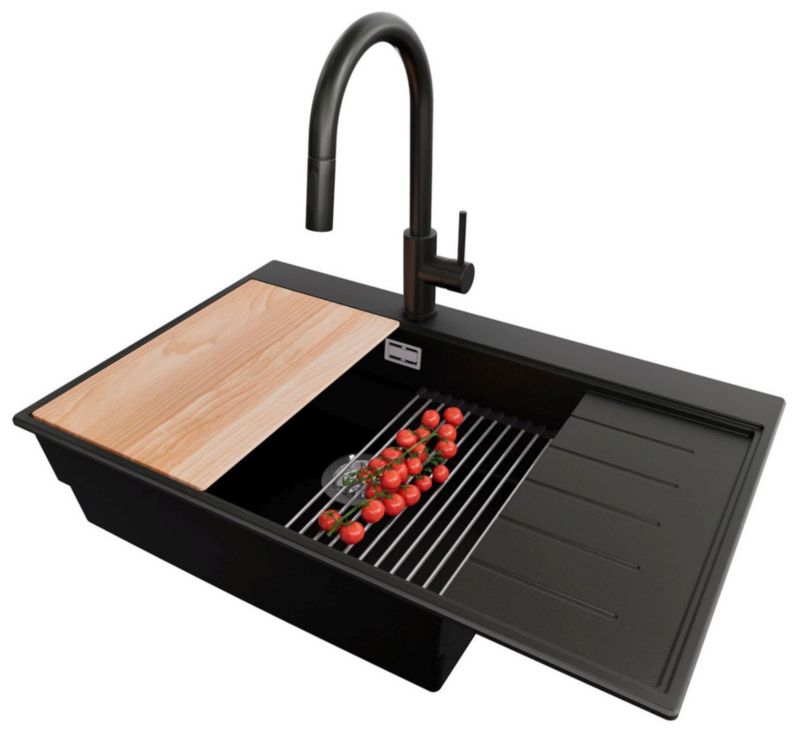 Zlewozmywak Granitowy Sydney PRIMAGRAN Nablatowy 78x50cm do szafki od 60cm, Czarny + Bateria + Syfon + Akcesoria, , 1 szt.