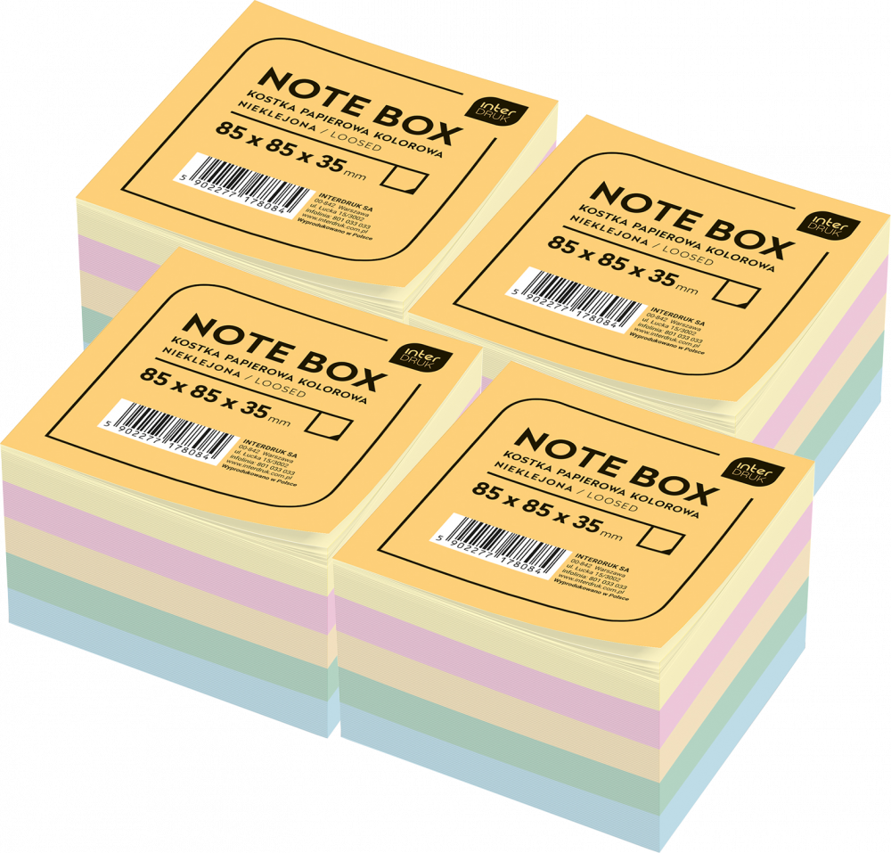 4x Karteczki do notatek Interdruk, nieklejone, 85x85x35mm, +/-350 kartek, mix kolorów