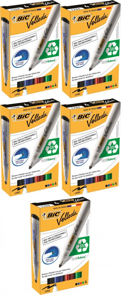 5x Marker suchościeralny Bic, Velleda, okrągła, 4 sztuki, 4.95mm, mix kolorów