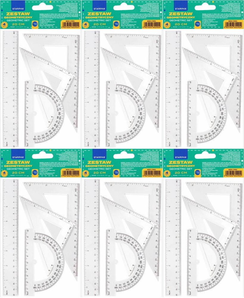 6x Zestaw geometryczny Starpak, 4 elementy, z linijką 20cm, transparentny