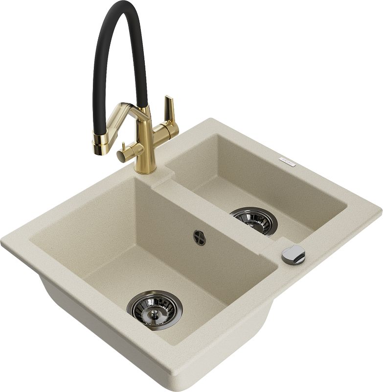 Zlewozmywak granitowy Mexen Carlos 1,5-komorowy z baterią kuchenną Duo biały - 6518-20-671701-57-B 1 szt.