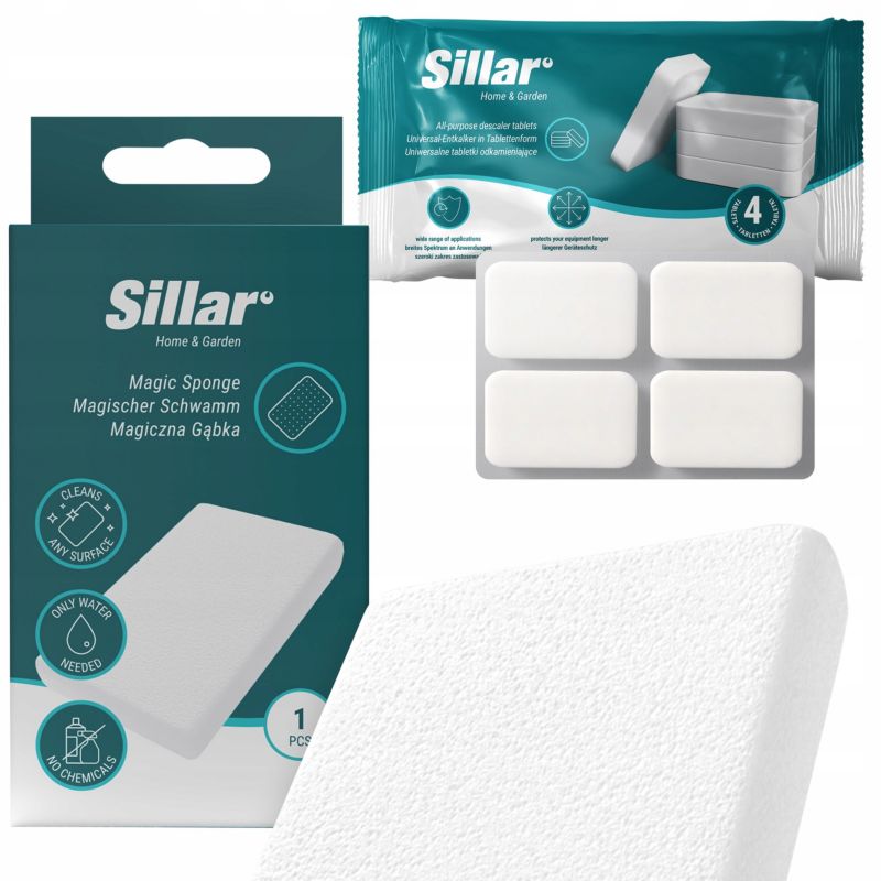 Odkamieniacz, Sillar, w tabletkach,uniwersalny, 4szt + magiczna gąbka, do mycia, czyszczenia, zestaw, 5szt