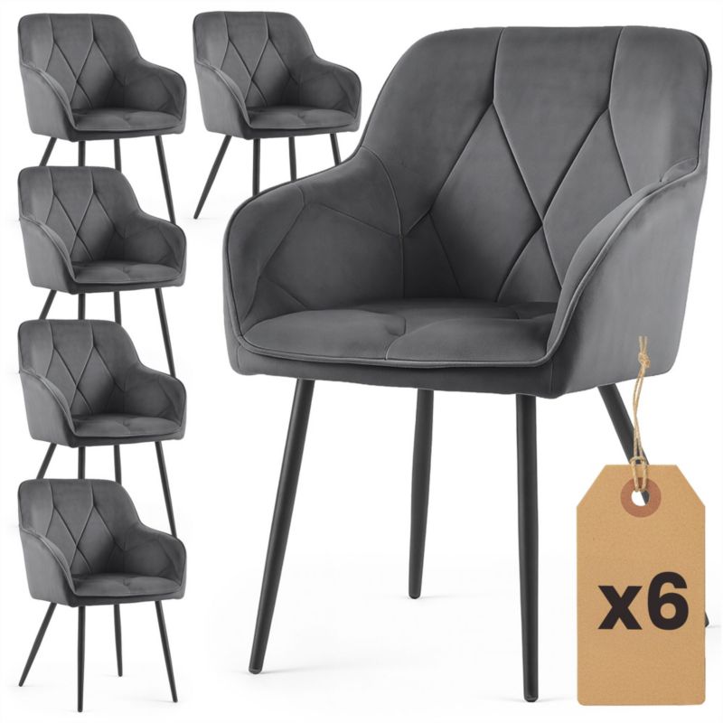 Welurowe krzesło tapicerowane pikowane AKORD Ciemny Grafit DIAMANTE Czarne nogi 6 szt.