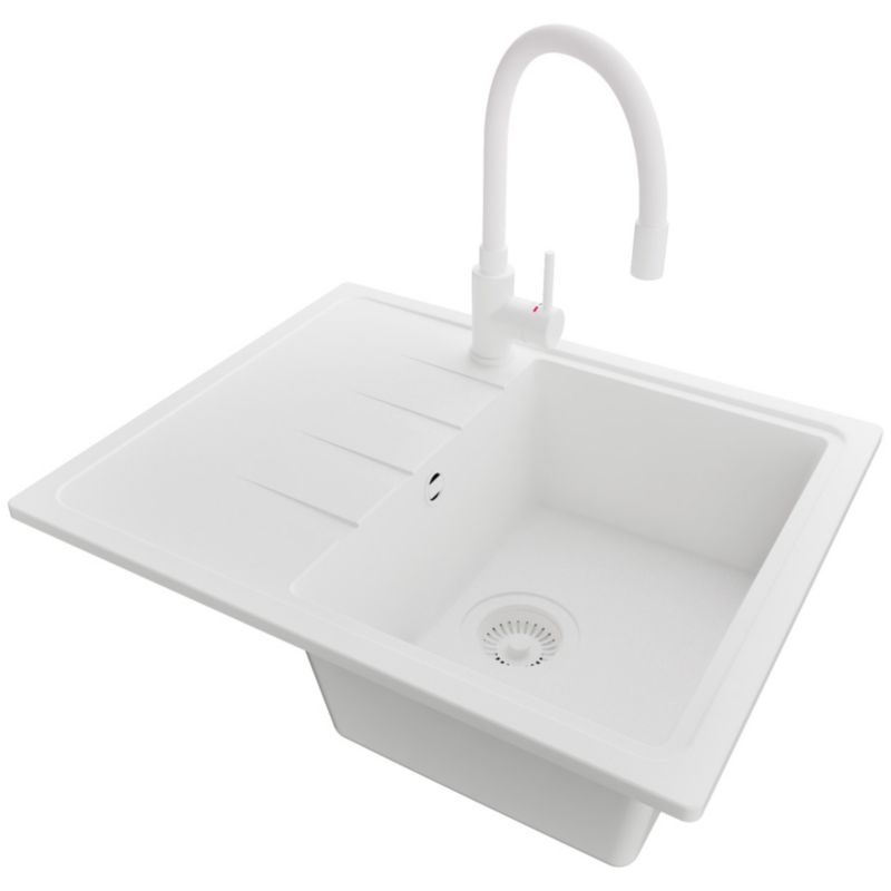 Zlewozmywak Granitowy Mediolan PRIMAGRAN Nablatowy 62x50cm do szafki od 40cm, Cały Biały + Bateria 38x14cm + Syfon, S024, 1 szt.