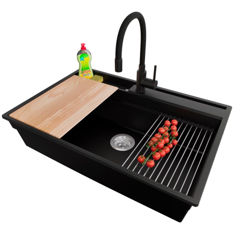 Zlewozmywak Granitowy Oslo Pocket PRIMAGRAN Nablatowy 78x53cm, Czarny + Bateria + Syfon + Akcesorium, S409, 1 szt.